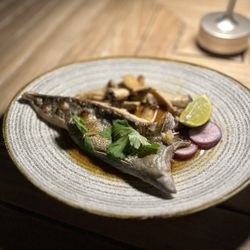 CanoeHouse - KONA KANPACHI with yuzu kosho, dashi, lime, mitsuba, ali'i mushroom