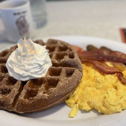 The Waffle Spot - Churro Waffle with 2 Eggs Any Style, sausage links and Bacon