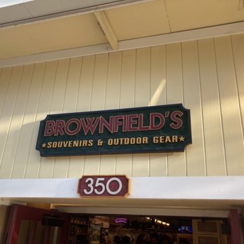 Brownfield's - Exterior view of Brownfield's store, featuring a sign for souvenirs and outdoor gear, with the address 350 visible above the entrance. - Outdoor Gear Near Me - Estes Park, Colorado
