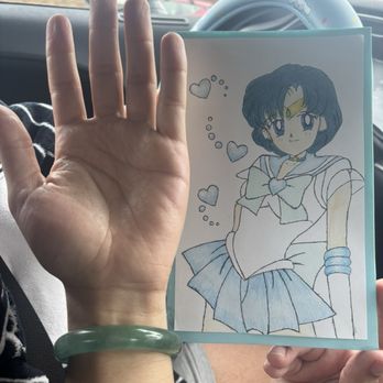 J'amor - Real, Myanmar jadeite jade next to a drawing of sailor mercury from sailor moon - Jewelry Near Me - Westminster, California