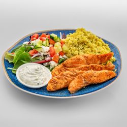Pita Grill BK - Salmon rice bowl, fresh grilled salmon with mesclun salad and lemon rice and tzatziki that kills.