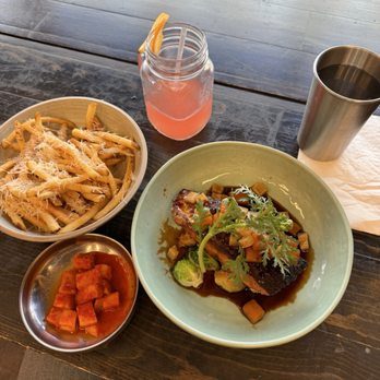 Left Wing - San Jose - Braised salmon, fries and kimchi radish. - Korean Near Me - San Jose, California