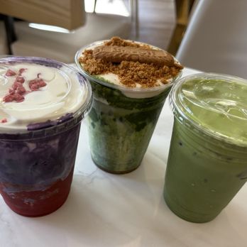 Yelp Elite Experience: Floe Cafe - Left to Right: Iced Ube Strawberry, Biscoff Matcha, Banana Matcha - Yelp Events Near Me - Fullerton, California Yelp Elite Experience: Floe Cafe - Left to Right: Iced Ube Strawberry, Biscoff Matcha, Banana Matcha - Yelp Events Near Me - Fullerton, California