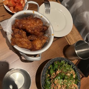 Golden HOF - Gochujang Chicken Wings Cilantro & Cucumber Salad Vegan Radish Kimchi - Korean Near Me - New York, New York Golden HOF - Gochujang Chicken Wings Cilantro & Cucumber Salad Vegan Radish Kimchi - Korean Near Me - New York, New York