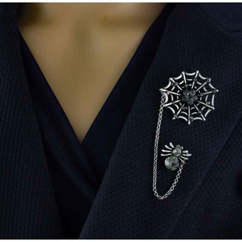 Lilylin Designs - Spider web with spider brooch pin on navy blue jacket lapel - Jewelry Near Me - Fairfield, Ohio