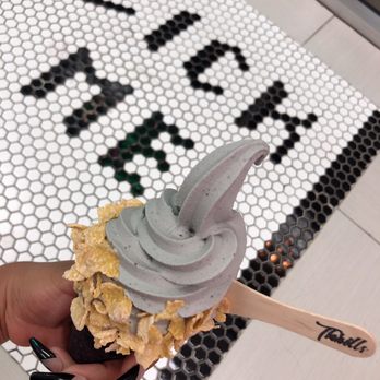 Thrills Soft Serve - Black sesame with frosted flakes - Ice Cream & Frozen Yogurt Near Me - Honolulu, Hawaii Thrills Soft Serve - Black sesame with frosted flakes - Ice Cream & Frozen Yogurt Near Me - Honolulu, Hawaii