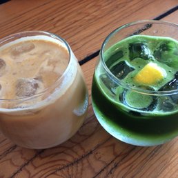 Coconut Latte and an iced Matcha Lemon Soda Coconut Latte and an iced Matcha Lemon Soda