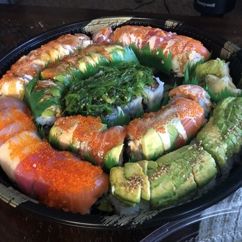 Joy Sushi - Special Roll Deluxe Tray (56 pcs/$80) Bay Bridge Roll, 1st ave Roll, Mango Paradise Roll, Mercy Roll, Lambada Roll, Tiger Roll, Rainbow Roll - Sushi Bars Near Me - San Mateo, California