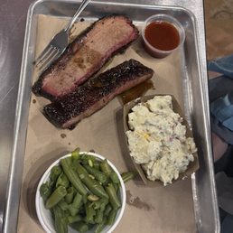 2 Meat Plate with green beans and baked potato salad. 2 Meat Plate with green beans and baked potato salad.
