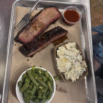 Schulze’s Pit Room - 2 Meat Plate with green beans and baked potato salad. - Barbeque Near Me - Seguin, Texas Schulze’s Pit Room - 2 Meat Plate with green beans and baked potato salad. - Barbeque Near Me - Seguin, Texas