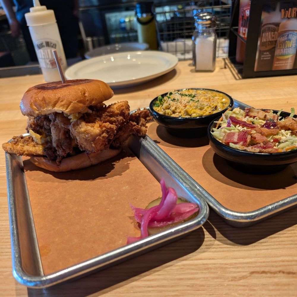 Meat Mitch Barbecue - Thursday special - chicken and pimento sandwich with jalapeño cheesy corn and bacon and broccoli slaw. - Barbeque Near Me - Leawood, Kansas Meat Mitch Barbecue - Thursday special - chicken and pimento sandwich with jalapeño cheesy corn and bacon and broccoli slaw. - Barbeque Near Me - Leawood, Kansas