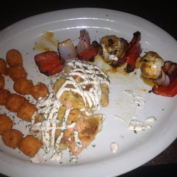 Copper Blue - Fish cakes with sweet potato tots and veggie skewer. - American Near Me - Milford, Ohio