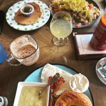 Cafe Strudel - Two egg Breakfast with Asiago Bagel. Hangover Hashbrown Scramble - New American Near Me - West Columbia, South Carolina