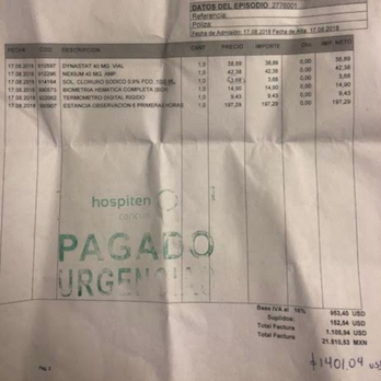Hospiten - I ended up paying $1400 for a doctor consultation, a shot and a solution. These prices were nothing to do with the price list at the resort - Hospitals Near Me - Cancún, ROO