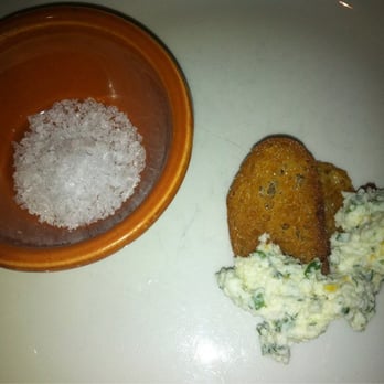 Nopa - Amuse bouche: homemade ricotta with chives atop a crisp buttered crostini with hand mulled salt - New American Near Me - San Francisco, California Nopa - Amuse bouche: homemade ricotta with chives atop a crisp buttered crostini with hand mulled salt - New American Near Me - San Francisco, California