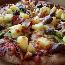 Crust Gourmet Pizza Bar - Crust Supreme with smoked ham, pepperoni, Italian sausage, mushrooms, capsicum, Spanish onions, pineapple & kalamata olives.