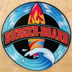 Burger-Board Pacifica surboard logo graphic that is on all of the surfboard shaped tables.