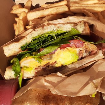 Higher Taste, Plant-Based - double bacon jalapeno breakfast club sandwich with: fried egg, bacon, cheese, avocado, jalapeños, tomatoes, spinach, sourdough bread fries - Vegan Near Me - Long Beach, California