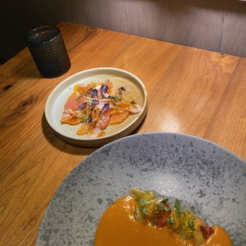 Finch & Fork - Smoke Tomato Veloute (DELICIOUS) & Hiramasa Crudo - New American Near Me - Santa Barbara, California Finch & Fork - Smoke Tomato Veloute (DELICIOUS) & Hiramasa Crudo - New American Near Me - Santa Barbara, California