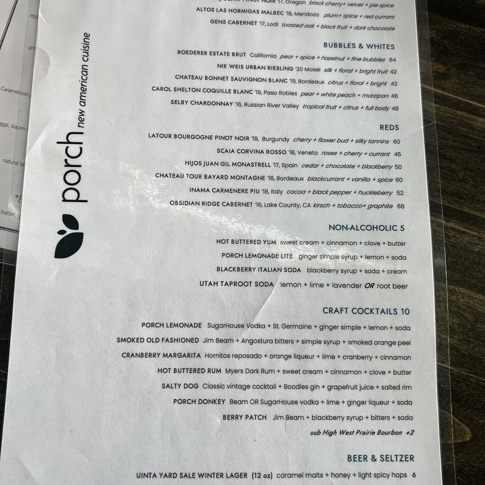 Porch Restaurant - Drinks menu - New American Near Me - South Jordan, Utah Porch Restaurant - Drinks menu - New American Near Me - South Jordan, Utah