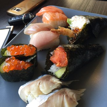 Daiki Sushi - Sake, hamachi, ikura, saba nigiri, spicy tuna handroll and tempura handroll. I'd pass on everything but saba - Japanese Near Me - San Mateo, California Daiki Sushi - Sake, hamachi, ikura, saba nigiri, spicy tuna handroll and tempura handroll. I'd pass on everything but saba - Japanese Near Me - San Mateo, California