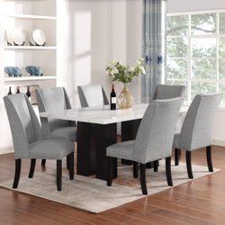 GRW Furniture - Genuine marble top dining set with gray linen like fabric chairs