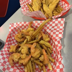 Flying Burger - Fried catfish platter and friend shrimp platter! 2 platters fed 2 adults and 2 toddlers with leftovers!