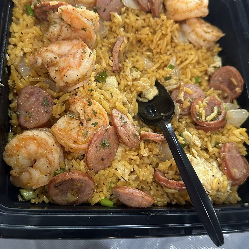 Hot box had sausage, shrimp, rice