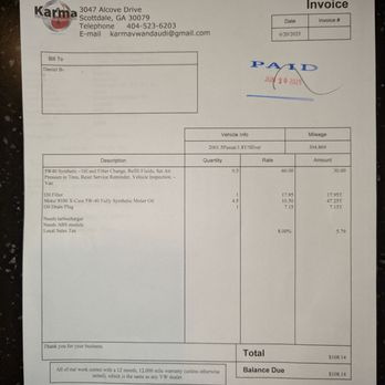 Karma VW and Audi - Invoice for 2001.5 VW Passat 1.8T oil change and inspection at 304,869 miles on June 20, 2025. $108.14. Thank you, Jon and Van. - Auto Repair Near Me - Scottdale, Georgia Karma VW and Audi - Invoice for 2001.5 VW Passat 1.8T oil change and inspection at 304,869 miles on June 20, 2025. $108.14. Thank you, Jon and Van. - Auto Repair Near Me - Scottdale, Georgia