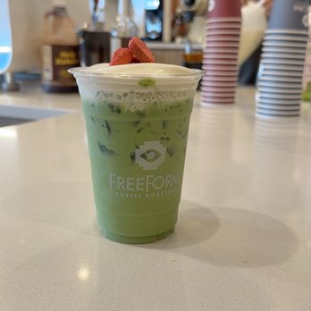 FreeForm Coffee Roasters - strawberry matcha with dairy free strawberry cold foam - Coffee Roasteries Near Me - Sedona, Arizona FreeForm Coffee Roasters - strawberry matcha with dairy free strawberry cold foam - Coffee Roasteries Near Me - Sedona, Arizona