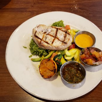Bluewater Grill - Temecula - Swordfish with green rice and veggies - Seafood Near Me - Temecula, California Bluewater Grill - Temecula - Swordfish with green rice and veggies - Seafood Near Me - Temecula, California
