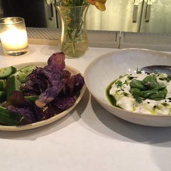 abcV - Labneh dip with Fava beans, purple potato chips and Persian cucumbers. - Vegetarian Near Me - New York, New York abcV - Labneh dip with Fava beans, purple potato chips and Persian cucumbers. - Vegetarian Near Me - New York, New York