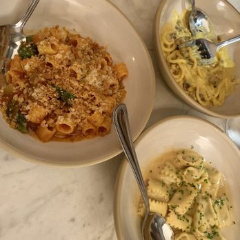 Forsythia - Left to bottom right - mezze maniche alla norma, spaghetti alla carbonara, and agnolotti di coda alla vaccinara - Italian Near Me - New York, New York Forsythia - Left to bottom right - mezze maniche alla norma, spaghetti alla carbonara, and agnolotti di coda alla vaccinara - Italian Near Me - New York, New York
