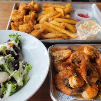 The Deck - Dinner salad, peel and eat shrimp, fried shrimp with fries - New American Near Me - Tybee Island, Georgia The Deck - Dinner salad, peel and eat shrimp, fried shrimp with fries - New American Near Me - Tybee Island, Georgia