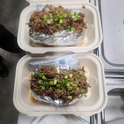 Brisket loaded baked potatoes.