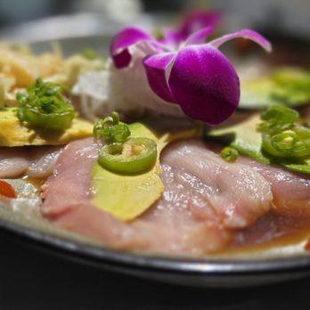 Shorebird - Hamachi Crudo - yellowtail, Serrano, avocado, scallions, ponzu - New American Near Me - San Diego, California Shorebird - Hamachi Crudo - yellowtail, Serrano, avocado, scallions, ponzu - New American Near Me - San Diego, California