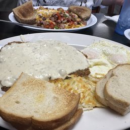 Country fried steak, biscuits and gravy and a Denver omelette Country fried steak, biscuits and gravy and a Denver omelette