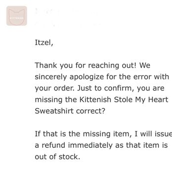 Kittenish - Order had a missing item (available when ordered) item Out of stock when vendor didn't originally ship it. - Women's Clothing Near Me - Nashville, Tennessee