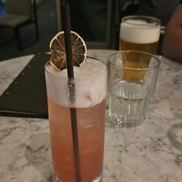 Spirit free beverage and my partner's beer in the background.