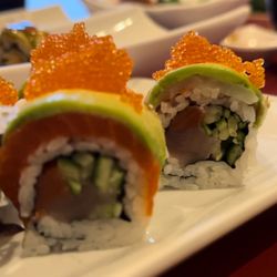 Hachi Hana Japanese Restaurant - Rainbow Roll - Tuna, salmon, ebi, tai, avocado, cucumber and tobiko