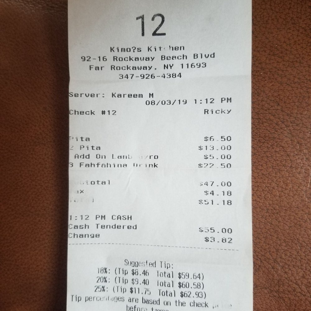 Kimo's - My bill without 2 bottles of water and 2 orders of fries,  over $60. Not bad at all !!! - Mediterranean Near Me - Rockaway Beach, New York