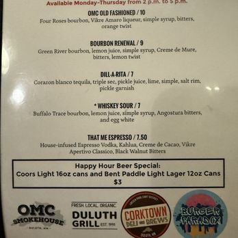 OMC Smokehouse - Happy Hour Menu - Barbeque Near Me - Duluth, Minnesota