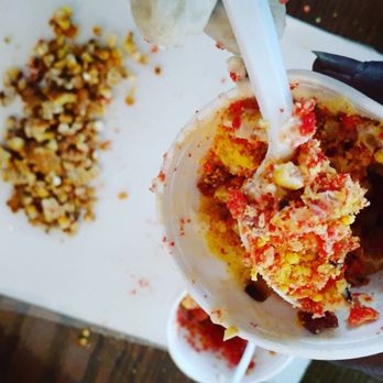 Tha Corn Man - Flamin' Elotes in a Cup w/ Bacon- roasted corn in a cup w/ butter, mayo, parmesan, Flamin' Hot Cheetos and Bacon! - Mexican Near Me - Indianapolis, Indiana