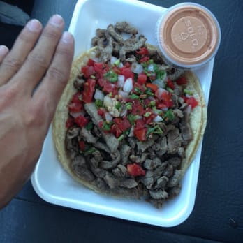 Cali Tacos - Carne asada tacos with tomatoes, onions, guac, and Cali sauce! Huge!! $3.25 - Mexican Near Me - Orange, California