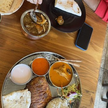 Surmai - Pomfret Fish Thali, Rice bhakri with Mutton masala - Indian Near Me - Sunnyvale, California