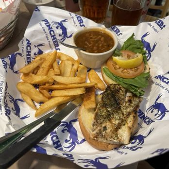 Pinchers - The Gulf Grouper Sandwich with fries and pork 'n beans - Seafood Near Me - Wesley Chapel, Florida Pinchers - The Gulf Grouper Sandwich with fries and pork 'n beans - Seafood Near Me - Wesley Chapel, Florida