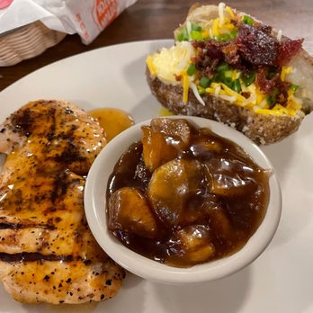 Cotton Patch Cafe - My dinner: Chipotle Maple Chicken, minus the seasoned rice, with a baked potato and cinnamon apples - American Near Me - Henderson, Texas