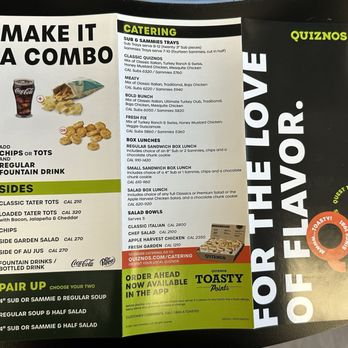 Quiznos - Carry out menu. Jan. 2025. Fea. Combos, sides and catering menu - Sandwiches Near Me - Reno, Nevada
