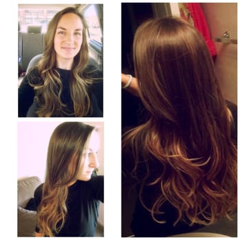 Mural Salon - Happy hair! (Caramel-brown lowlights to break up 7-month-old ombre, 3-inch cut with long layers) by Shelly - Hair Salons Near Me - Sparks, Nevada