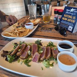 Ahi appetizer and burger. Ahi appetizer and burger.